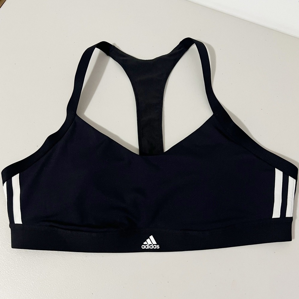 Adidas Womens XL Black White 3-Stripe Racerback V-Neck Medium Support Sports Bra